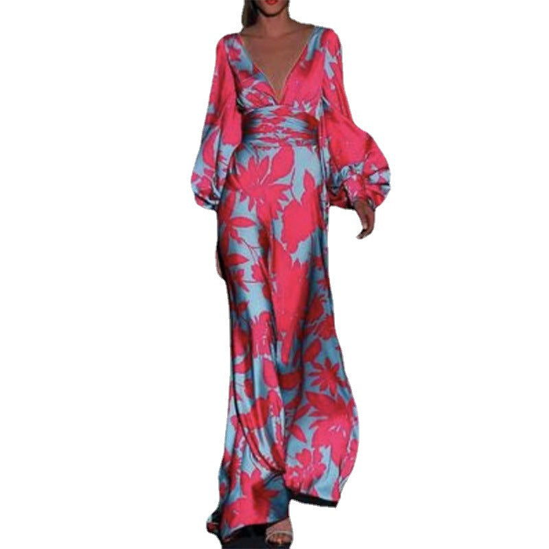Spring Summer Women's Fashionable Printed Sexy V-Neck Slim Waist Loose Long Dress 10