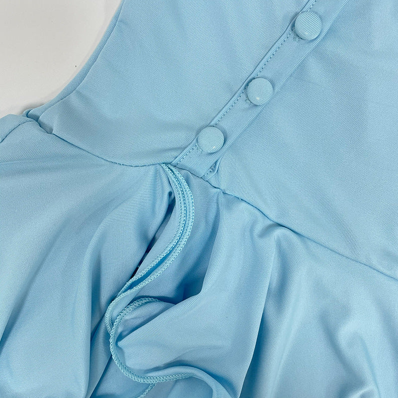 Summer Halter Neck Single-Button Ruffled Mini Dress 29