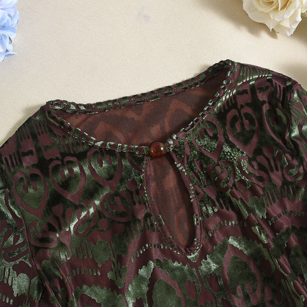 Women's Sexy Autumn Slim-Fitting Flocked Round Neck Long Sleeve Stretch Bodysuit 12