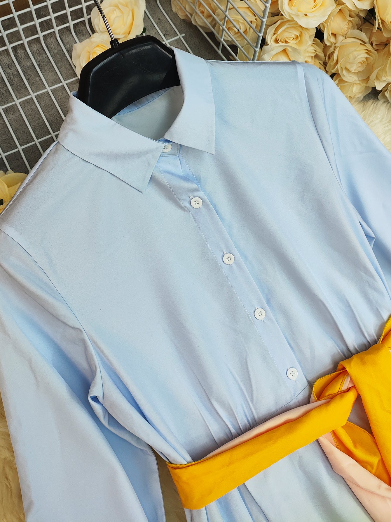 Summer Women's Fashion Gradient Long Sleeve Loose Tie Waist Shirt Dress 6