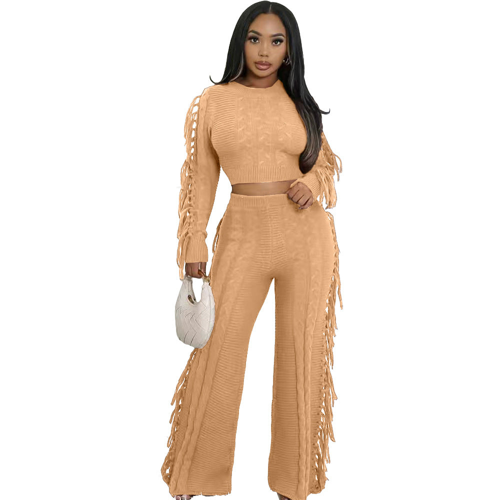 Women Casual Solid Knitting Long-Sleeved Tassel Top and Pant Two-Piece Set 12