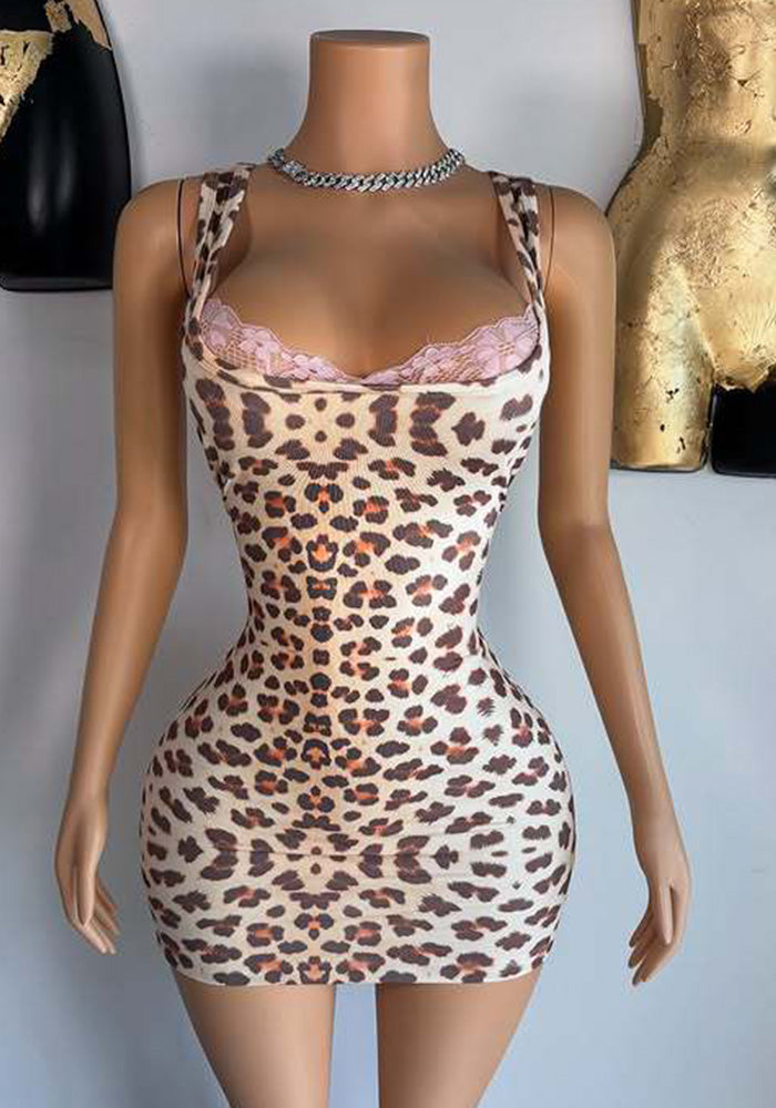 Women Trendy Women Square Neck Sexy Lace Leopard Top and Shorts Two-Piece Set