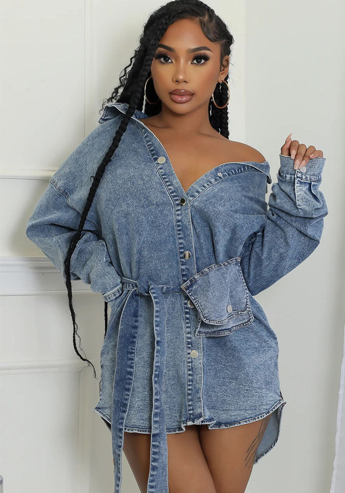 Autumn Denim Turndown Collar Long Sleeve Single Breasted Slim Fit Belt Fashion Denim Dress