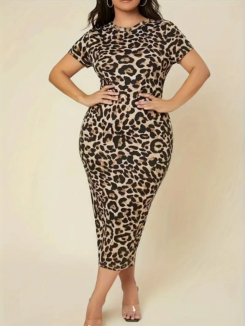 Plus Size Women Round Neck Leopard Bodycon Dress 3