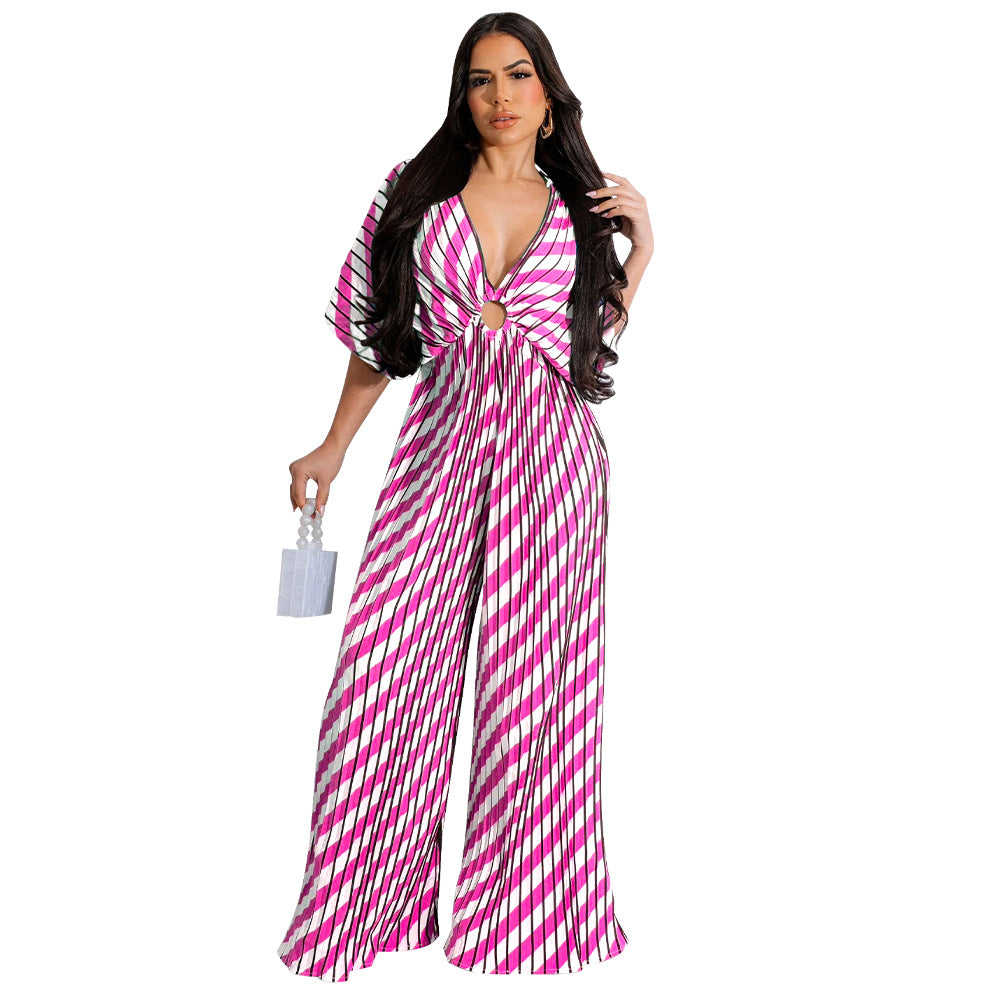 Fashion Women's V-Neck Print Pleated Casual Jumpsuit 12