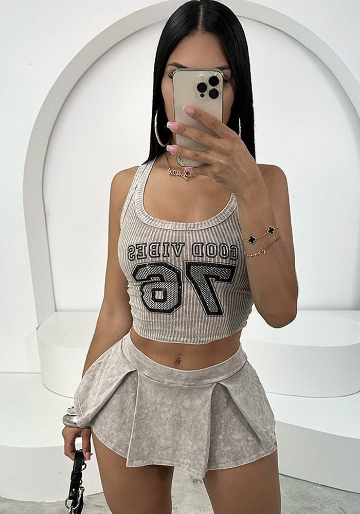 Summer Letter Ribbed Tight Fitting Short Vest Top Pleated Skirt Set