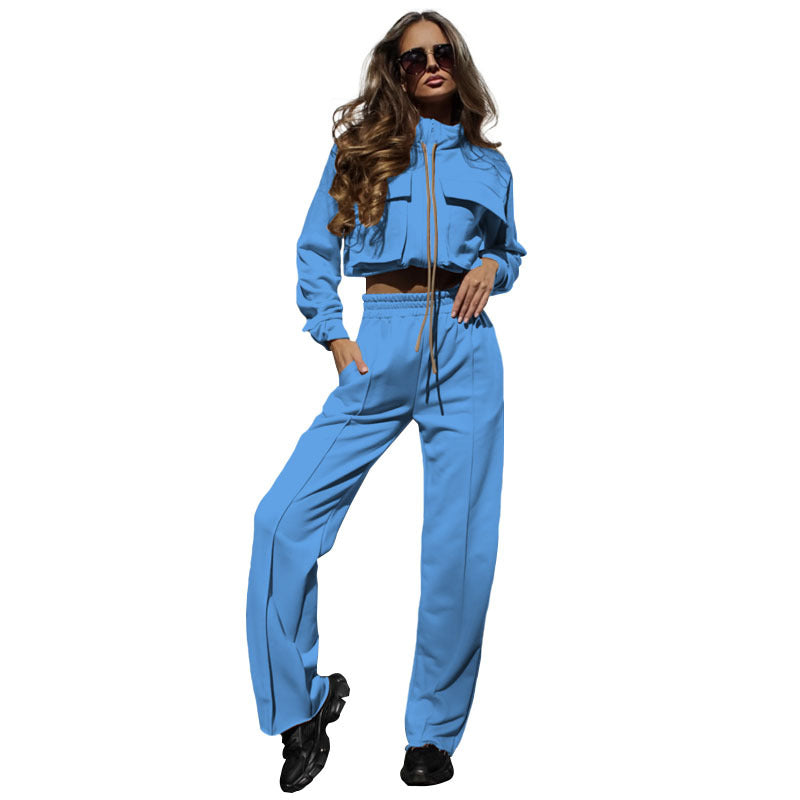 Autumn Winter Solid Color Zipper Double Pocket Drawstring Long Sleeve Top Fashion Casual Pants Suit 15