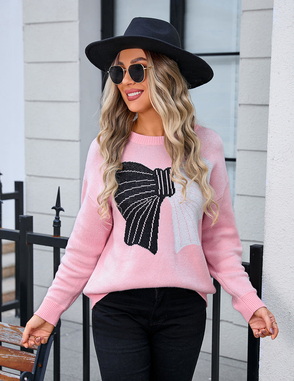 Autumn Winter Sweater Women's Bow Color Matching Knitting Pullover Shirt 3