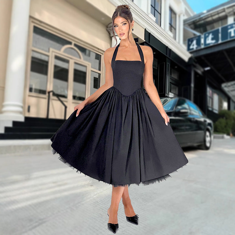 Sexy Women's Lace-Up Strap Slim Pleated A-Line Midi Dress 3