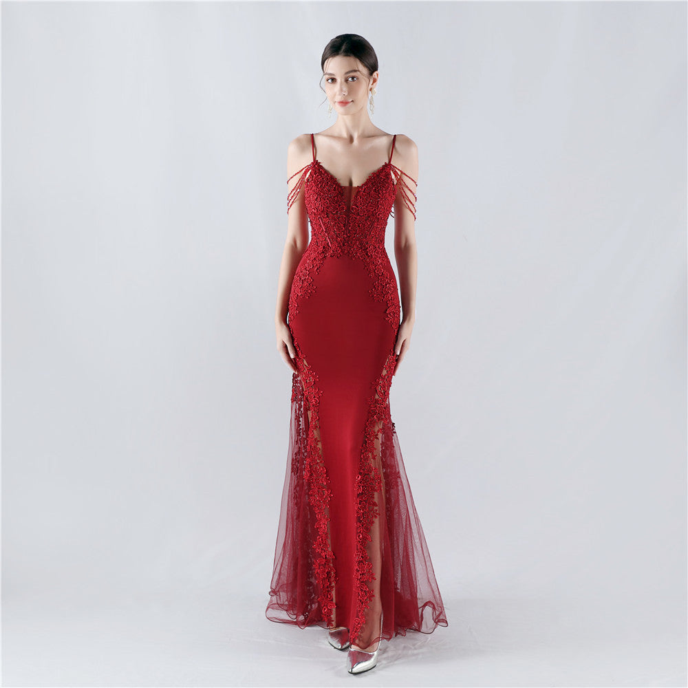 Sexy Strap Rhinestone Chain Fishbone Lace Evening Dress 15