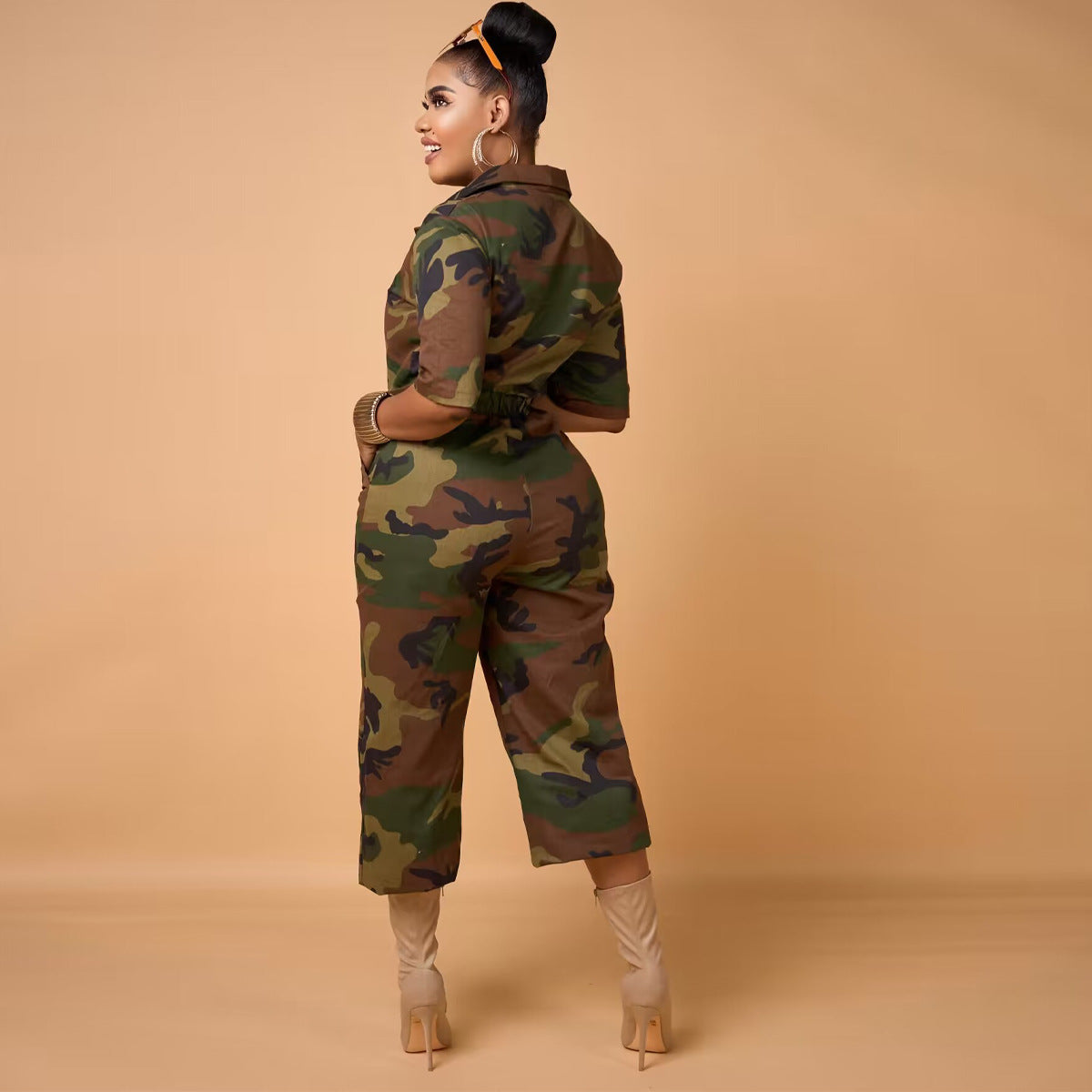 Women Camouflage Print Pocket Turndown Collar Jumpsuit 4