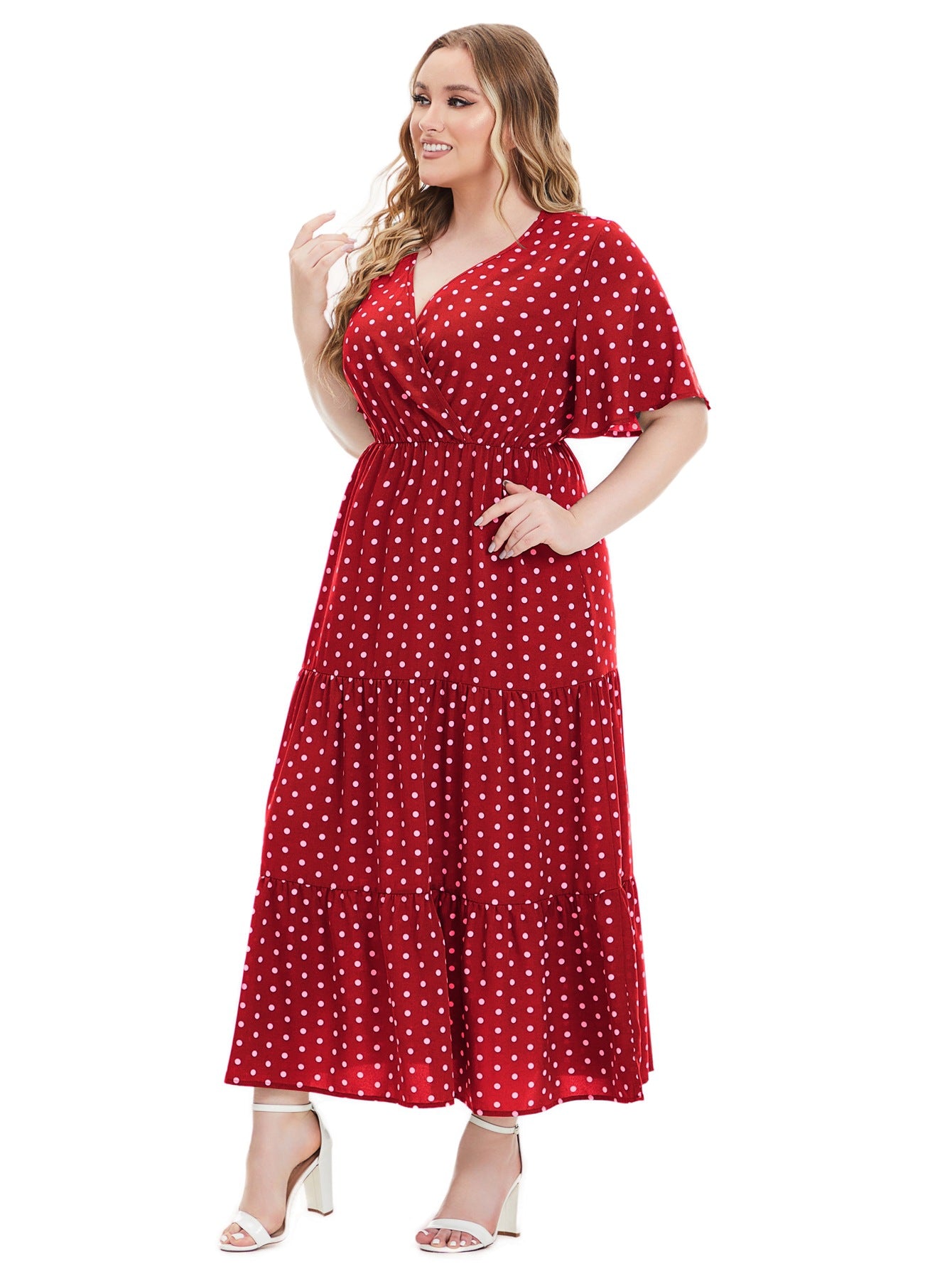 Plus Size Women Summer V Neck Polka Dot Short Sleeve Dress 16