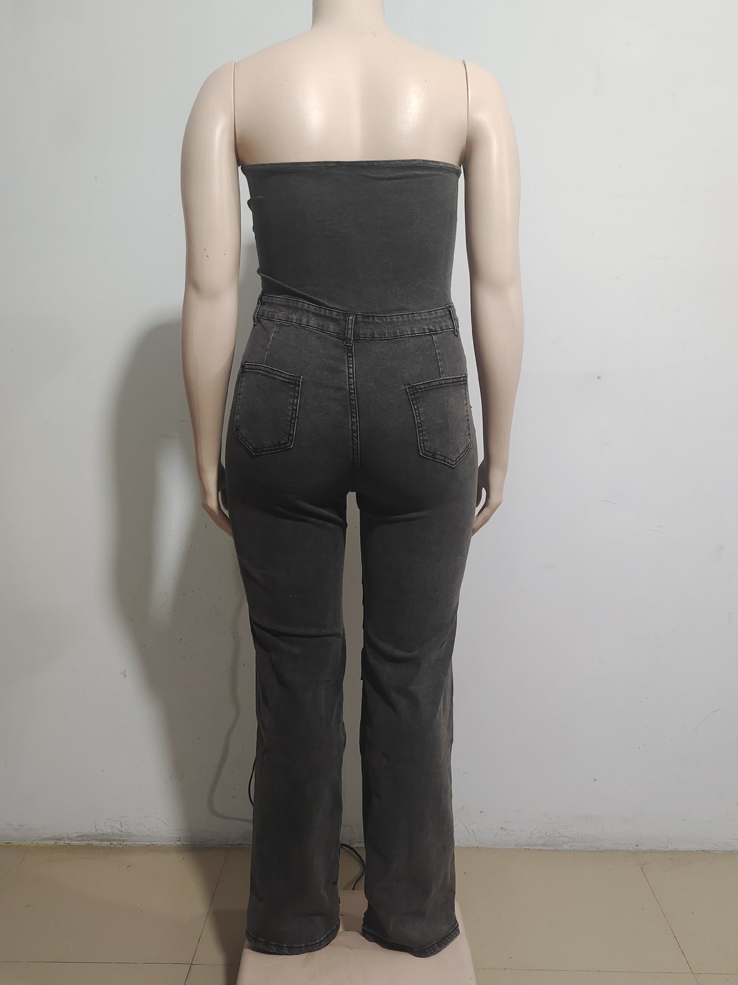 Women Strapless Cargo Denim Jumpsuit 11
