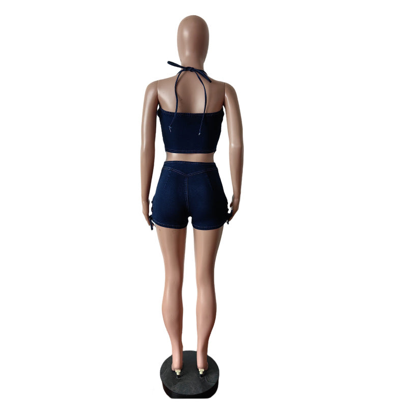 Women Stretch Suspender Denim Top and Shorts Two-Piece Set 5
