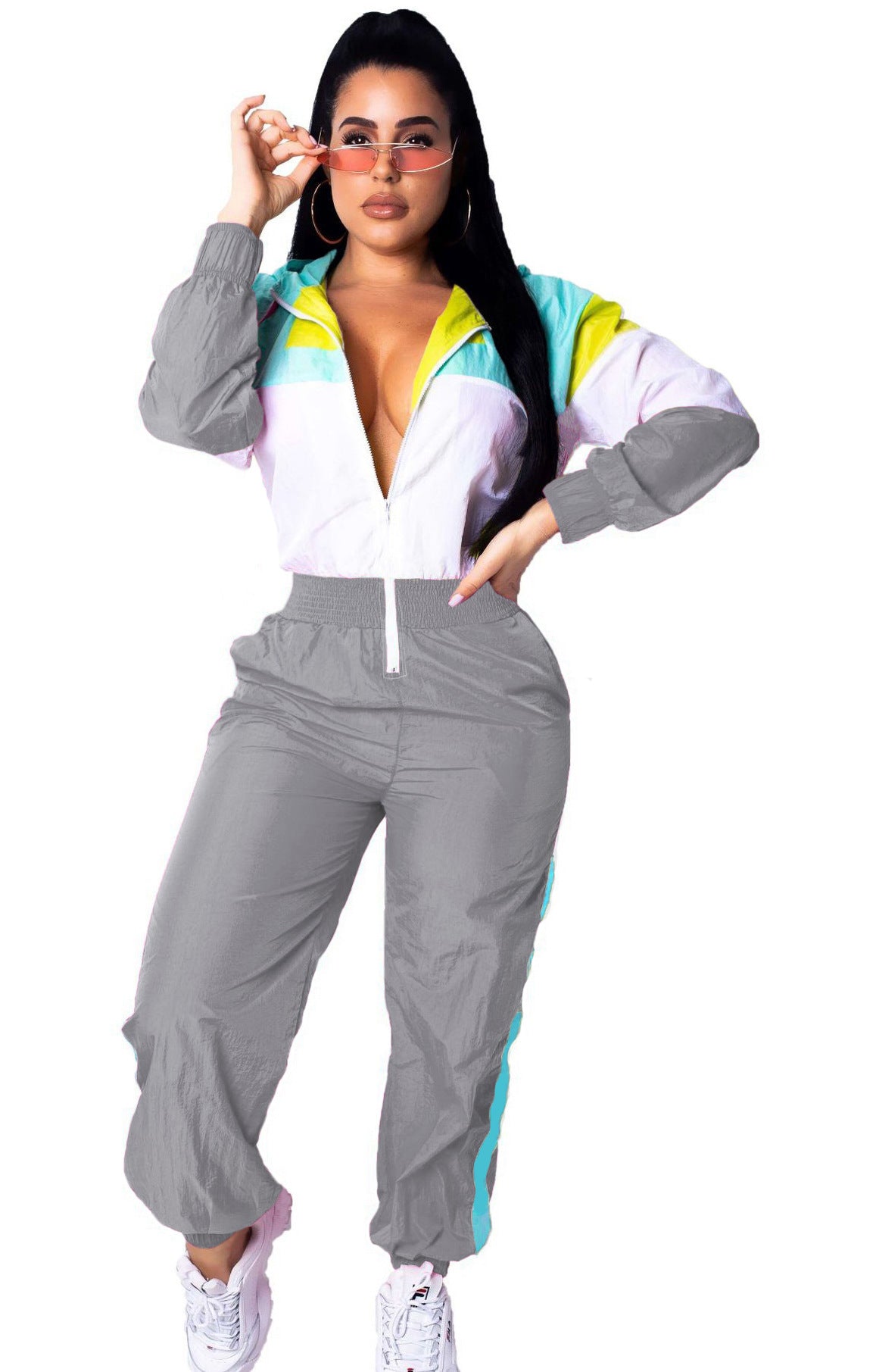 Women patchwork contrast color zipper jumpsuit 4