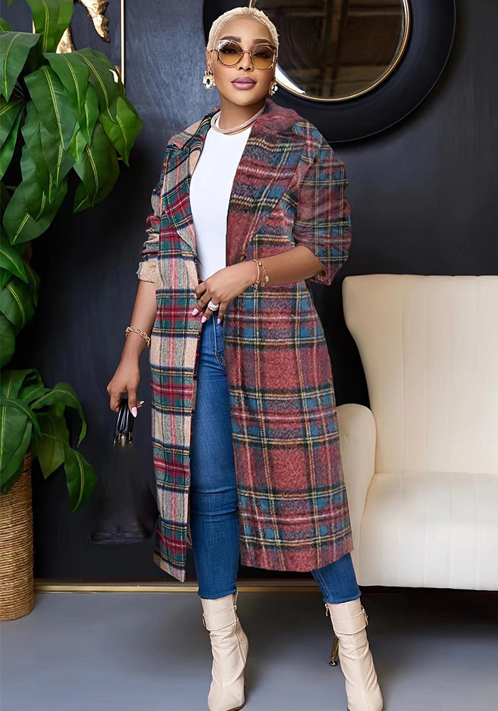 Women Winter Plaid Long Sleeve Long Coat
