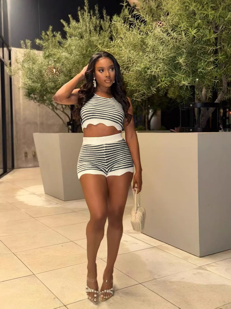 Fashion Casual Summer Contrast Color Knitting Short Sleeve Two Piece Shorts Set 8