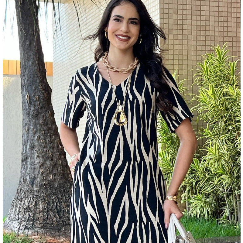 Women Elegant Printed Short Sleeve V-Neck Slit Dress