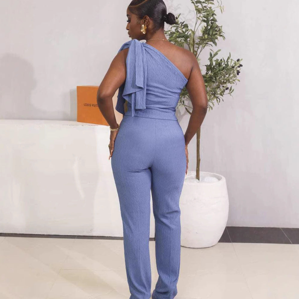 Women's Spring Summer Solid Color Sleeveless Slash Shoulder Top Slim Pants Two-Piece Set 4