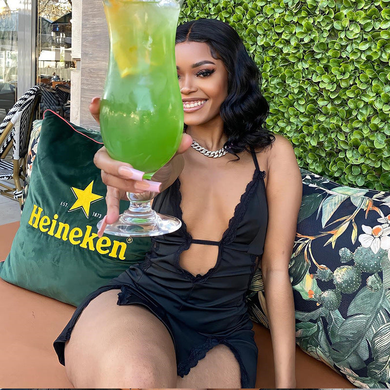 Women's suspenders hollowed out street hipster lace Patchwork slit Bodycon Dress 5