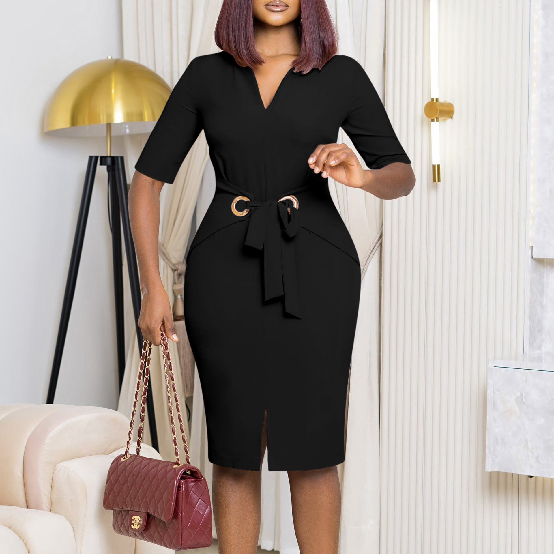 Women African V-Neck Solid Bodycon Dress 12