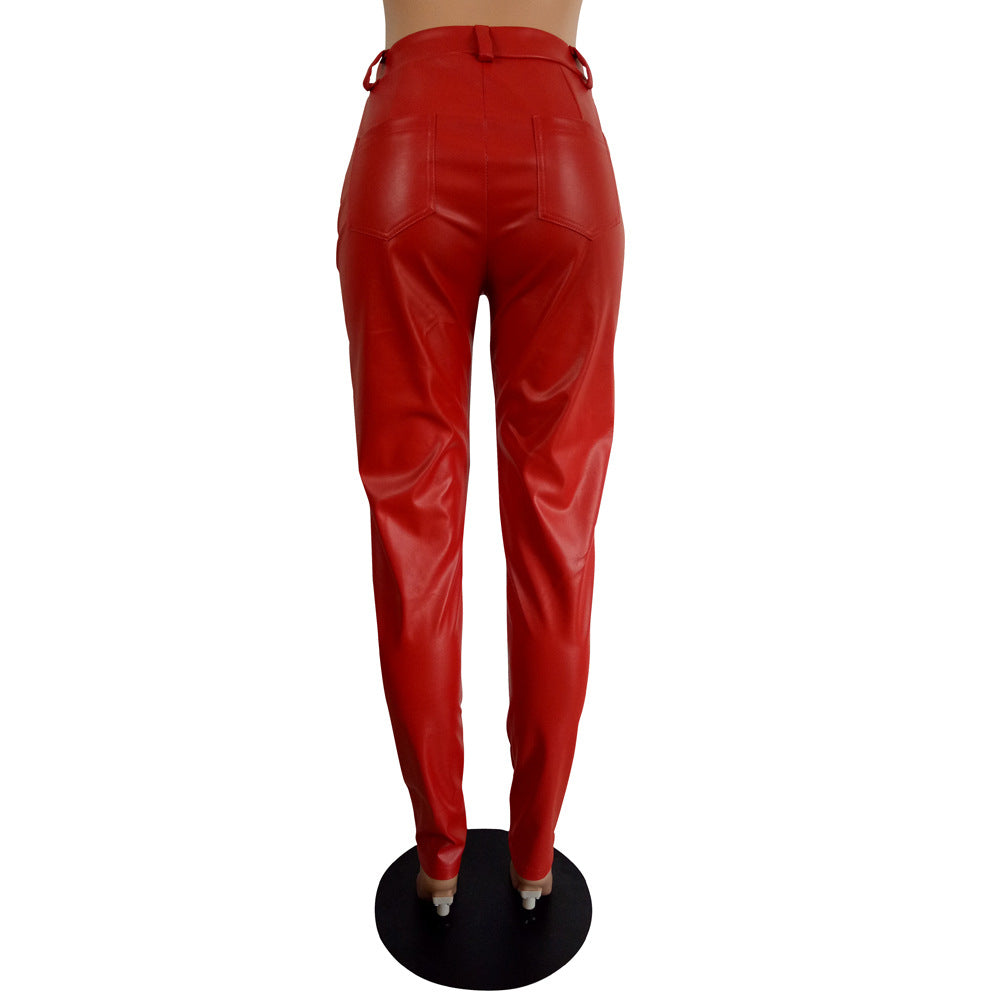 Women Chic Style Pu-Leather Trousers 17