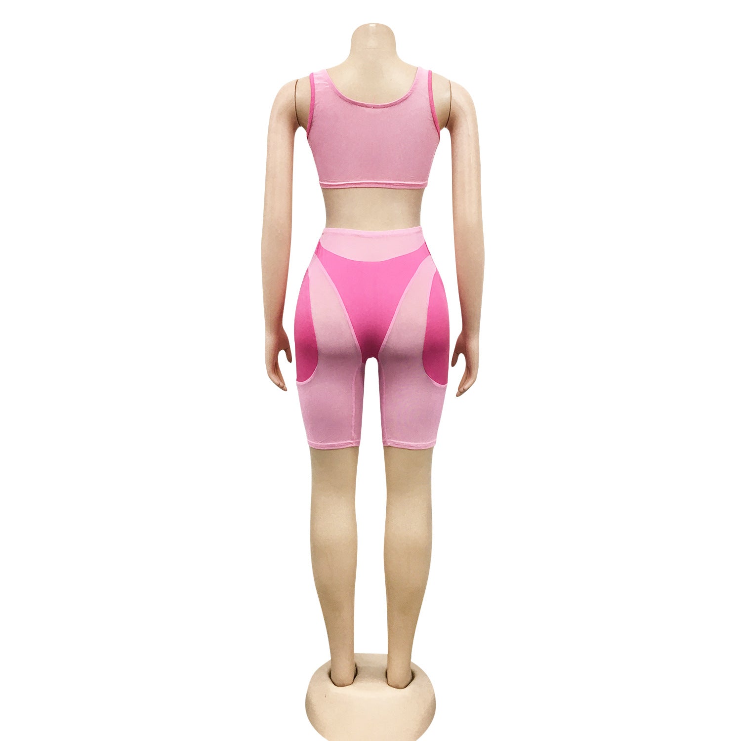 Women casual solid mesh color-blocking Top and Shorts Two Piece Set 17