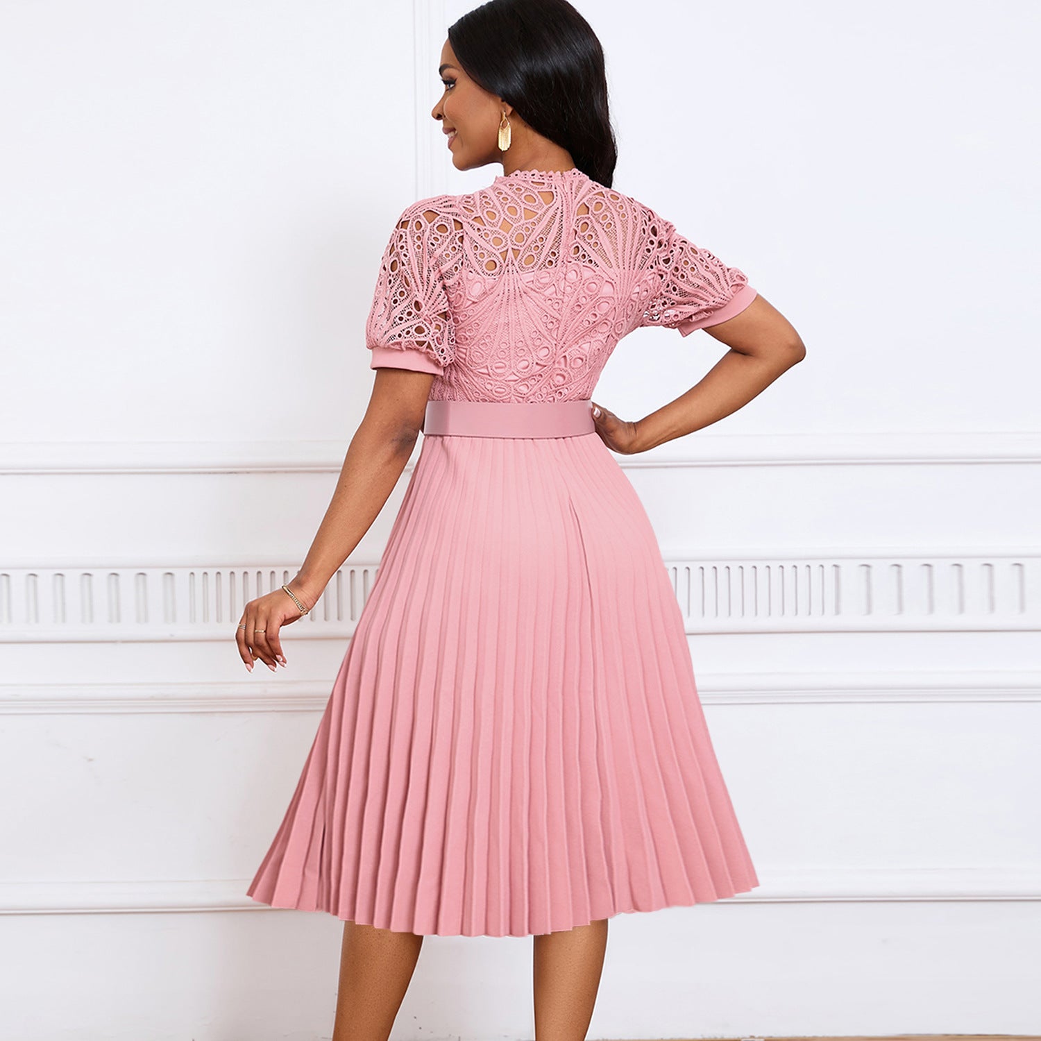 Women Short Sleeve Lace Patchwork Pleated African Dress 8