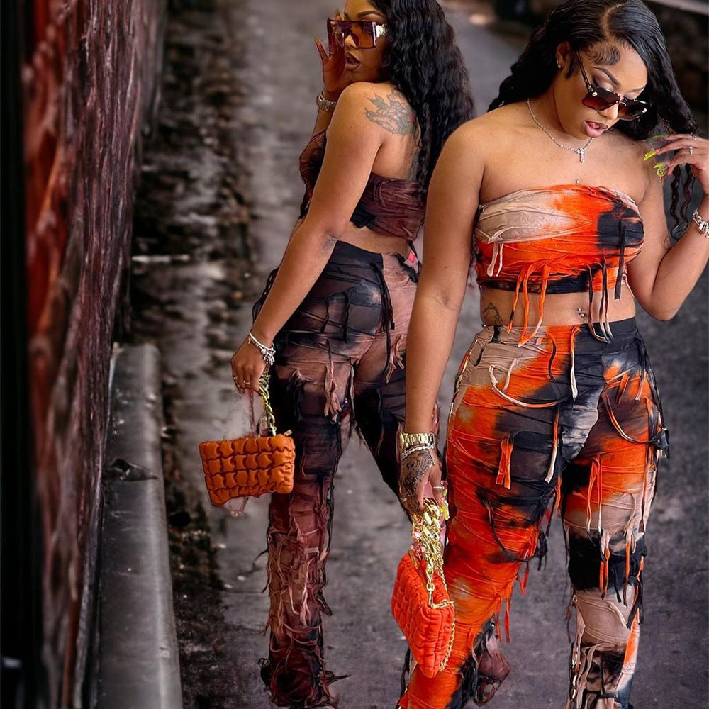 Summer Crop Low Back tie-dye auspicious pants suit for women 5