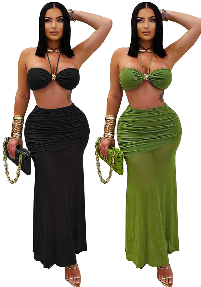 Sexy Strapless Ruched Mesh Mermaid Long Skirt Set