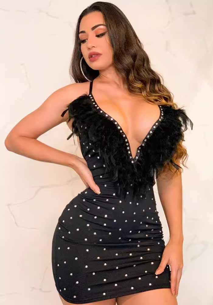 Women Sexy Beaded Feather V-Neck Backless Bodycon Dress