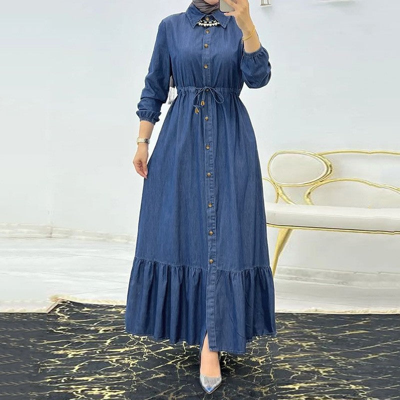 Muslim Ladies Solid Color Elegant Denim Dress 8