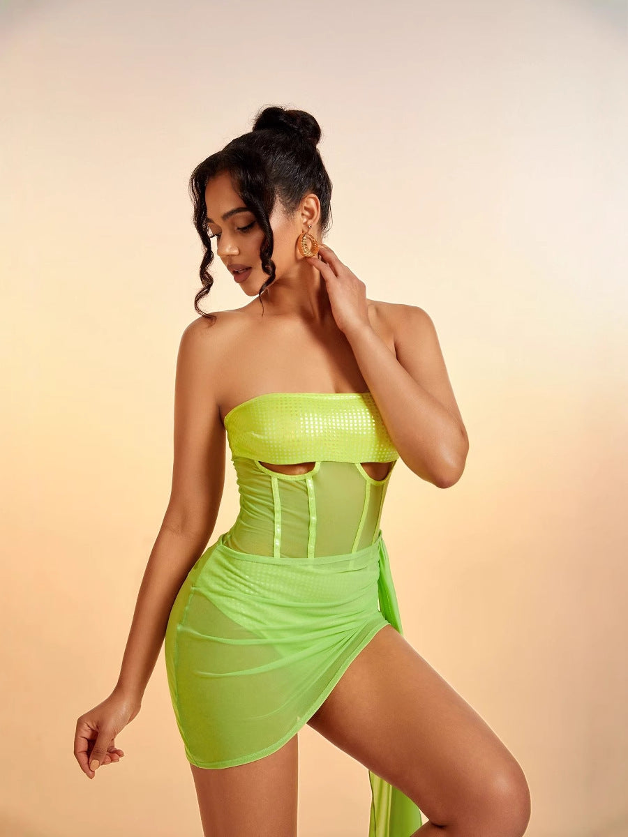 Women Beach Holidays Sexy Strapless See-Through Mesh Dress 4