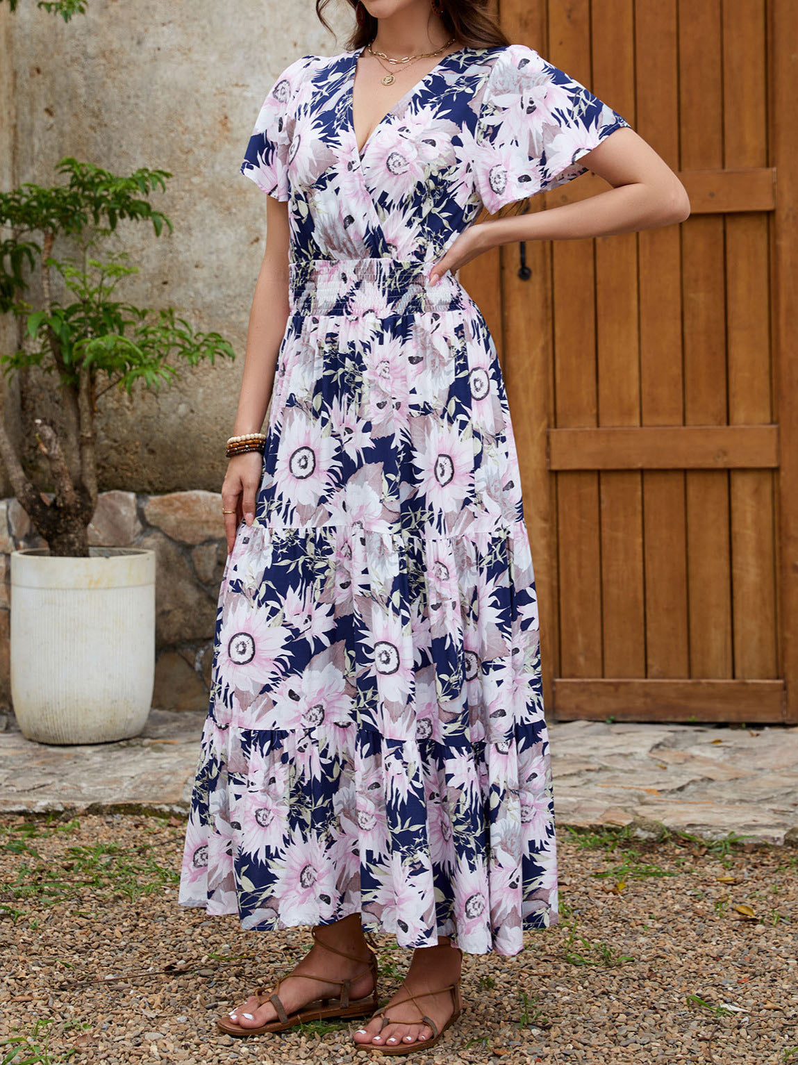 Women V-neck ruffle print Holidays dress 4