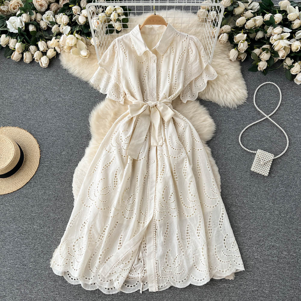 Women Turndown Collar Puff Sleeve Lace Hollow French Maxi Shirt Dress 7