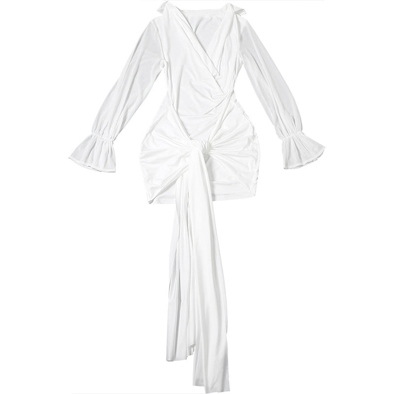 Autumn Women's Fashion Solid Color Chic Sexy Deep V-Neck Long Sleeve Bodycon Dress 9