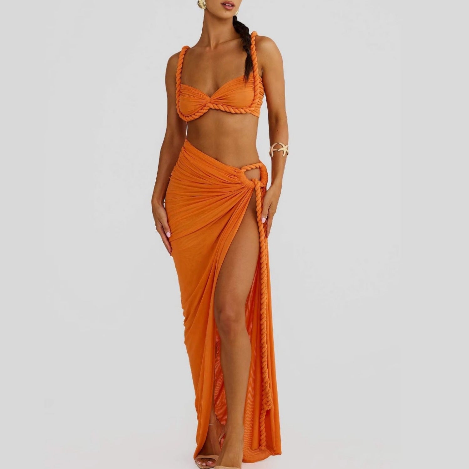 Summer Sexy Fashion Beach Braided Strap Top Slit Skirt Set 6
