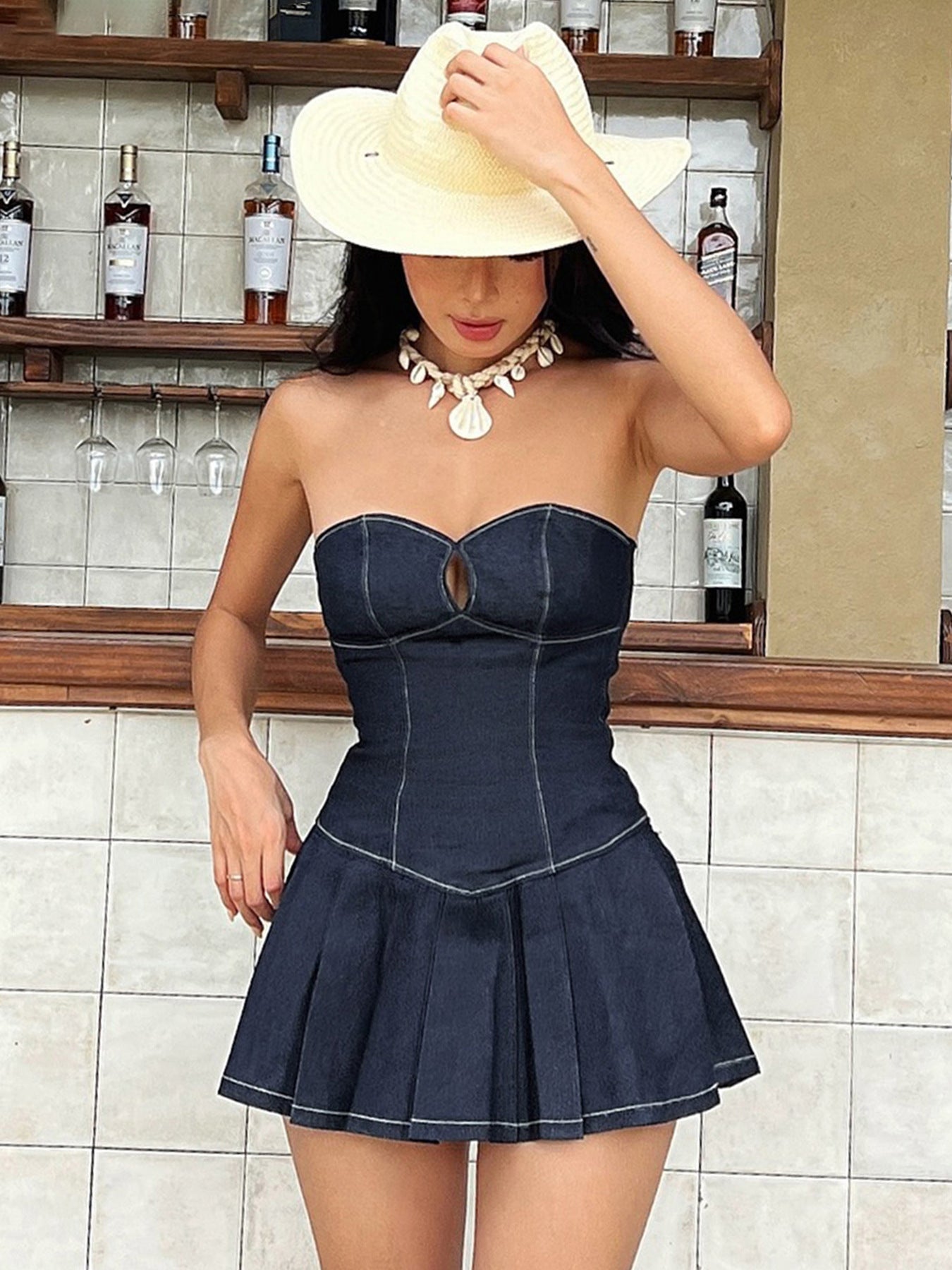 Women Sexy Solid Patchwork Backless Denim Strapless Pleated Dress 6