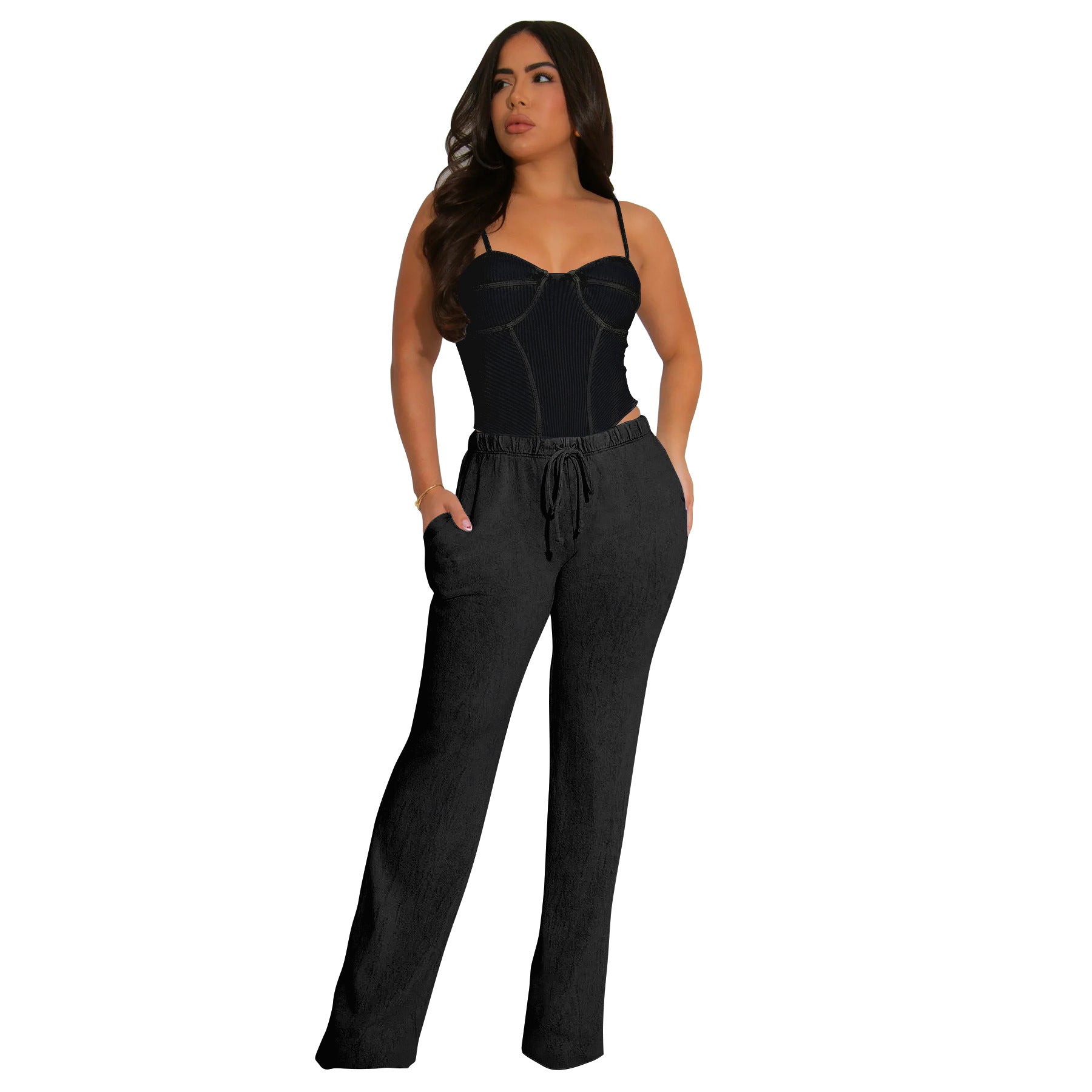 Women Sexy Cotton Washed Strapless Top and Pant Two-Piece Set 55