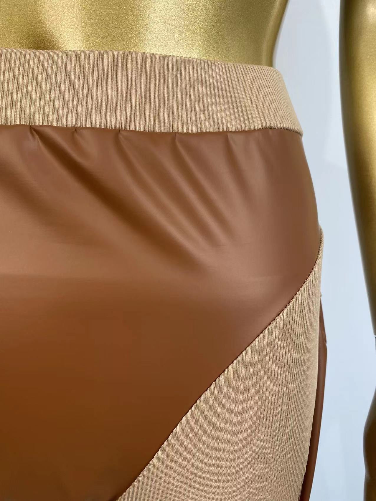 Women Sexy Colorblock Pu Leather Patchwork Strapless Top and Pants Two-Piece Set 11