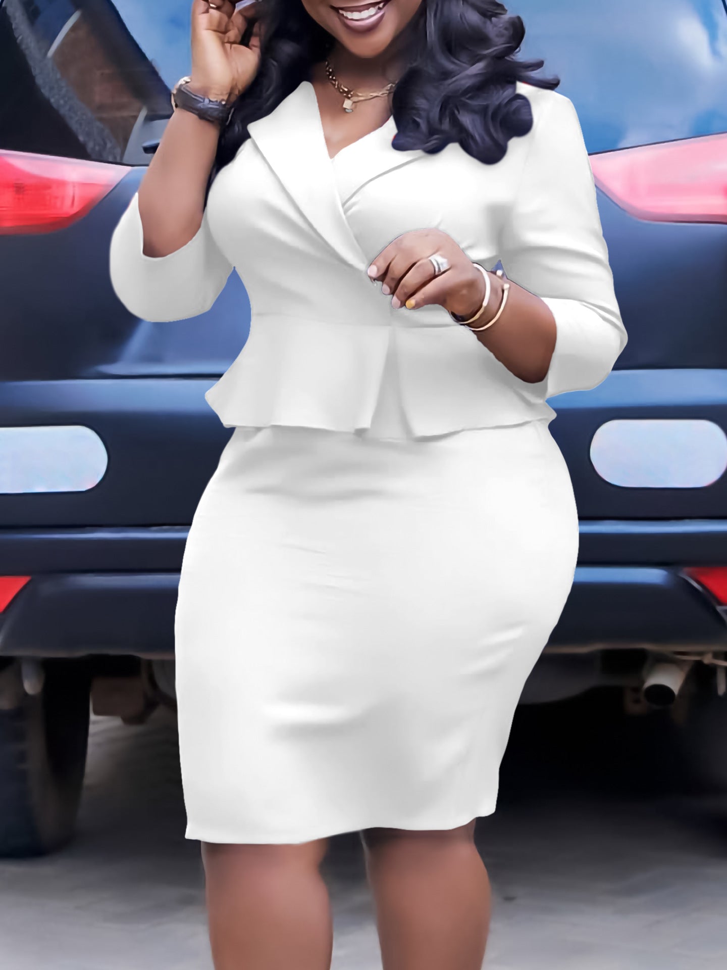 Plus Size African Women Turndown Collar Solid Ruffle Bodycon Dress 6