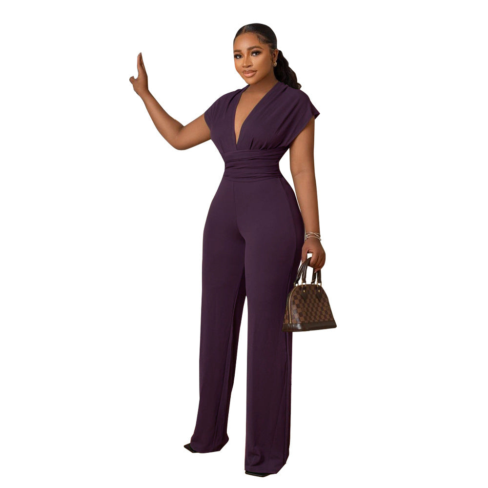 Women Solid V-neck Slim Short Sleeve Jumpsuit 17