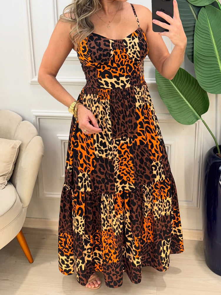 Women Print Holidays Casual Suspender Sleeve Leopard Print Dress