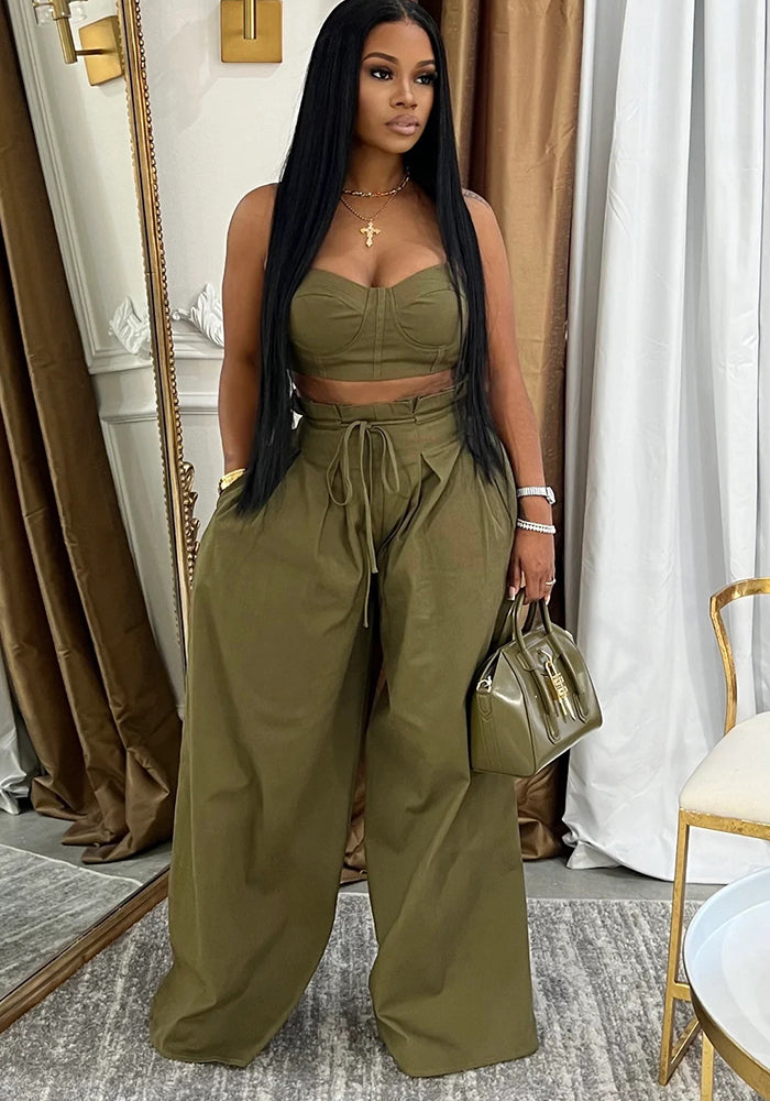 Women Plunging tank top Solid Lace-Up wide-leg pants two-piece set