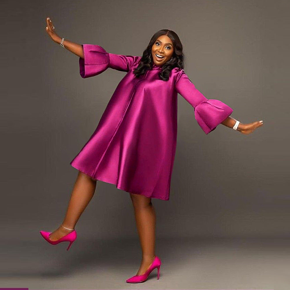 Plus Size WomenRound Neck Bell Bottom Dress 4