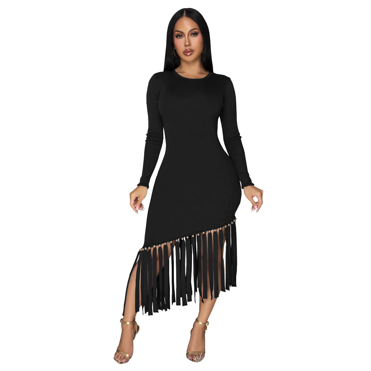 Women Solid Round Neck Tassel Dress 9