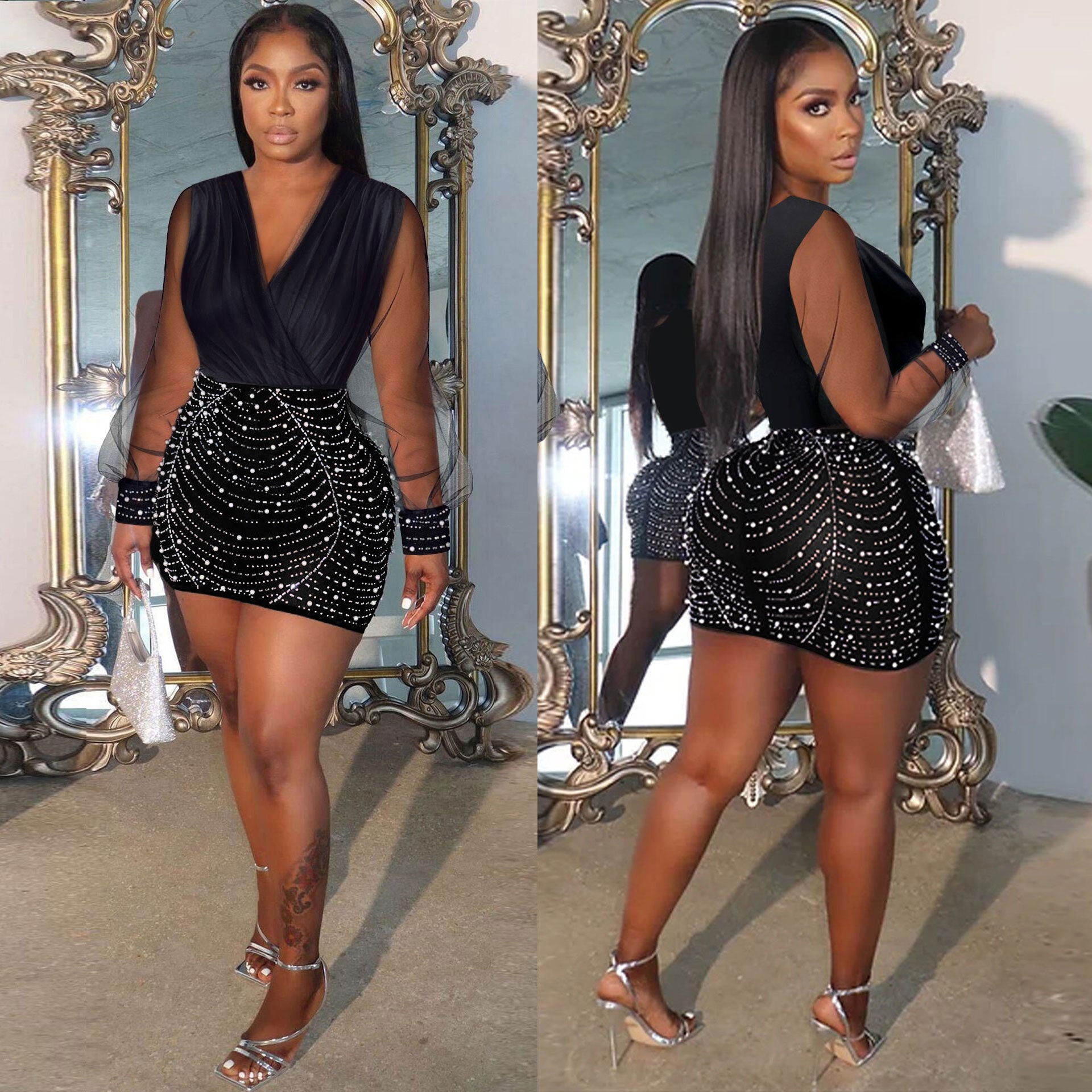 Sexy Beaded V-Neck See-Through Mesh Sleeve Patchwork Bodycon Dress 3