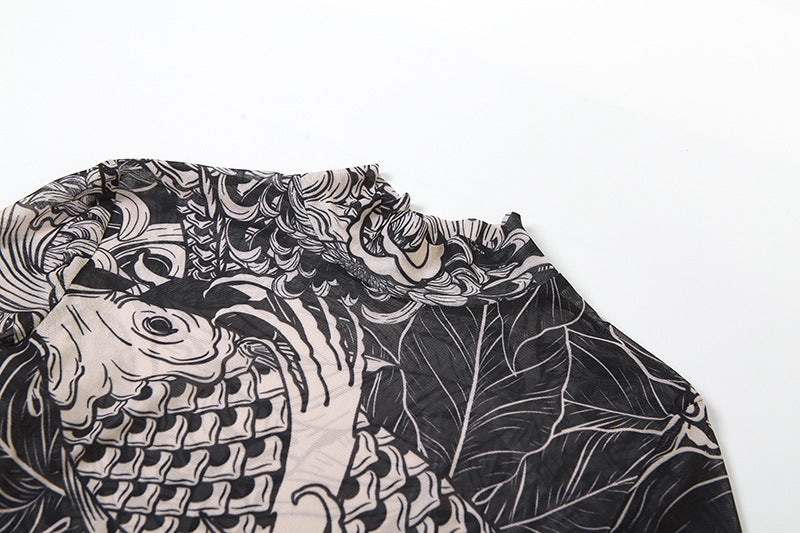 Women's Fall Fashion Style Mesh Print See-Through Turtleneck Slim Fit Dress 12