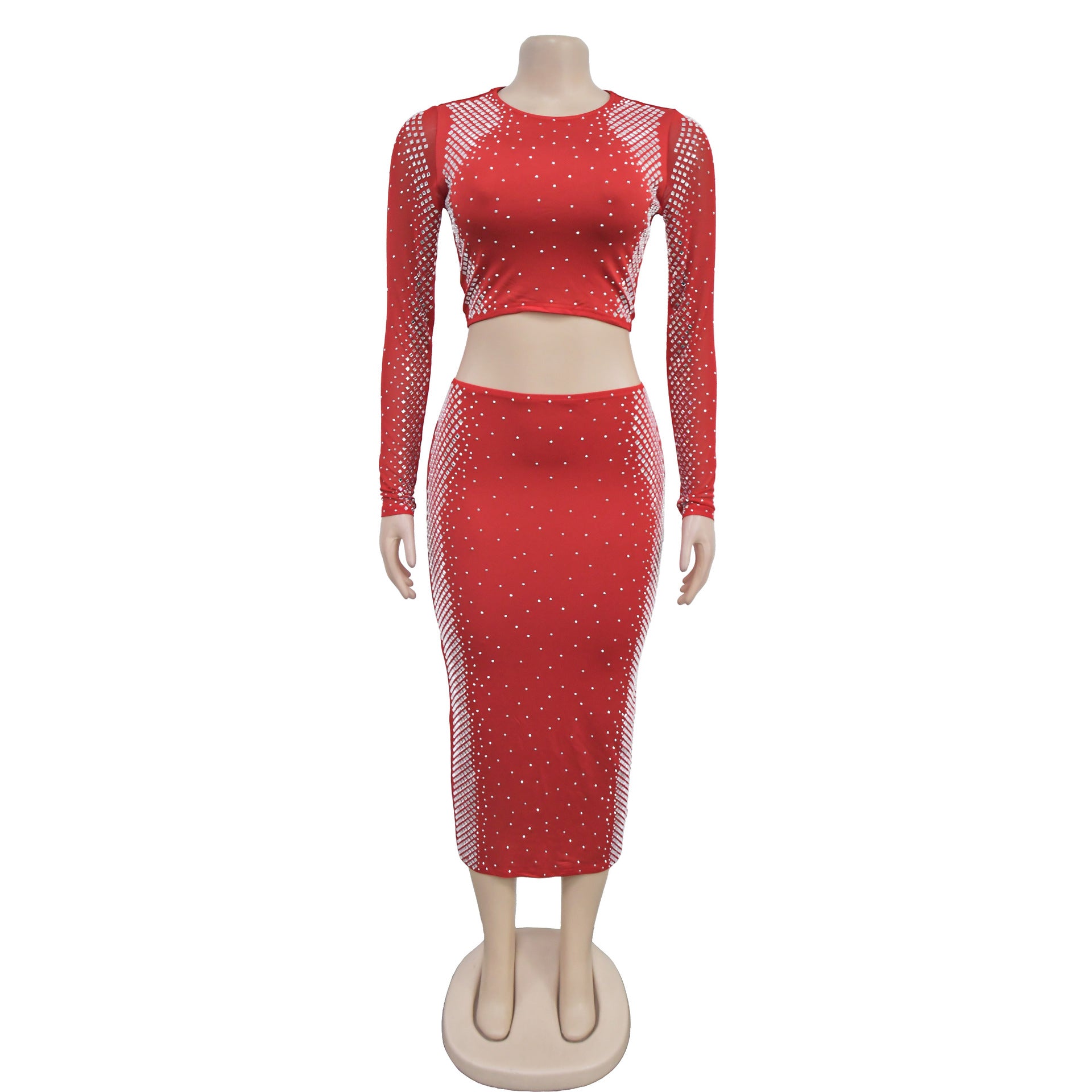 Beaded Long Sleeve Slim Two Piece Skirt Set（customized,MOQ 6pcs/size/color,process time 7-10 days） 19