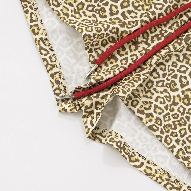 Women's Leopard Print Color Block Long Sleeve Zipper Coat Drawstring Shorts Two-Piece Set 19